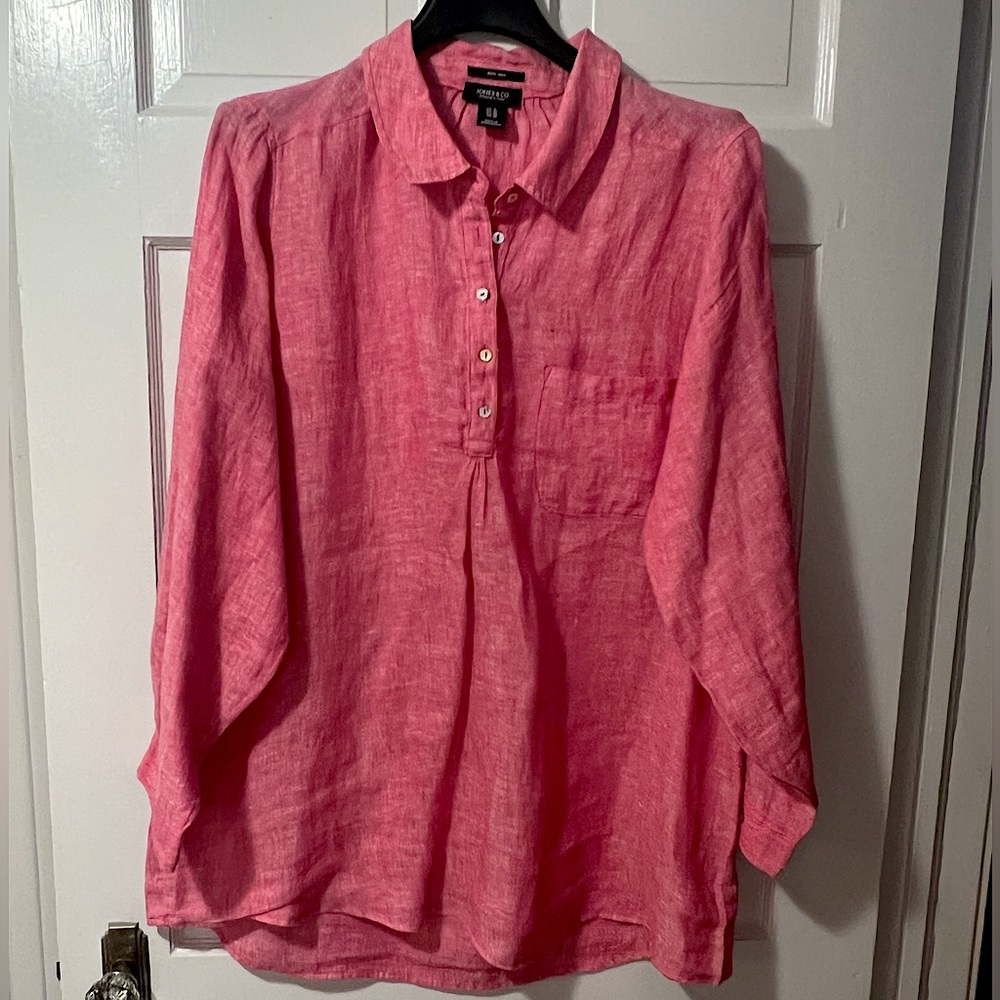 Cool & breezy linen top. Jones & Co Popover 1X Tunic 100% Linen Roll Tab Pink